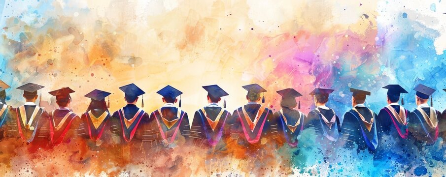 Vibrant watercolor painting of graduates in caps and gowns celebrating commencement. Education, achievement, and success represented artistically.