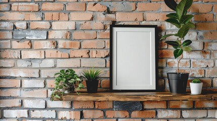 Brick wall. Wooden shelf with plant, vase and picture frame. Home interior. Minimalistic design,