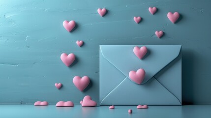 Fototapeta premium Romantic Love Letter with Pink Hearts on Blue Background - Valentine's Day Concept