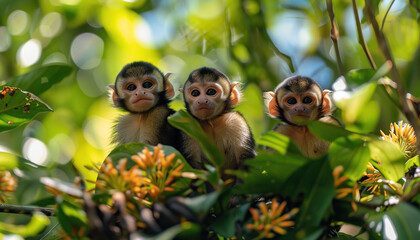 Obraz premium Capuchin monkeys in Tropical Rainforest, Colorful Interesting Plants in Background, Green Nature Wallpaper