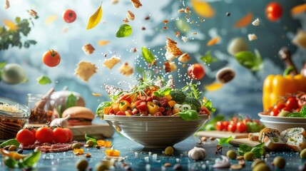 Fresh Vegetable Salad in Bowl with Flying Ingredients and Vibrant Background