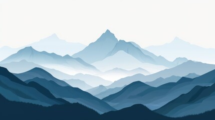 Minimalist Blue Mountains Landscape with Layered Peaks in Misty Fog