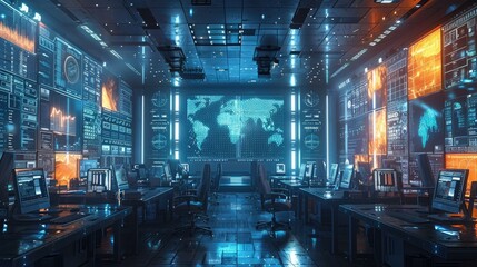 Futuristic Cybersecurity Command Center with Digital World Maps and Advanced Data Analytics