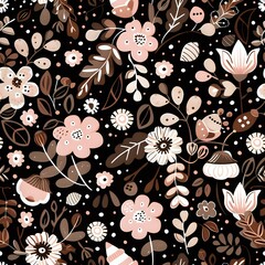 Pink and White Floral Design with Brown Acorns and Black and White Leaves