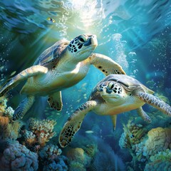 Obraz premium Harmonious Duo: Sea Turtles Embracing Unity Amidst Lush Underwater Nature