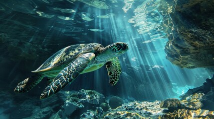 Fototapeta premium Mystical Journey: Sea Turtle Exploration in Underwater Caves