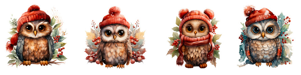 Collection of Christmas owl wear red hat isolated on the transparent background