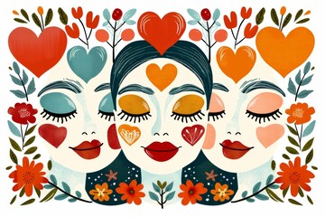 Illustration of women holding hearts, symbolizing love and unity in a vibrant design.