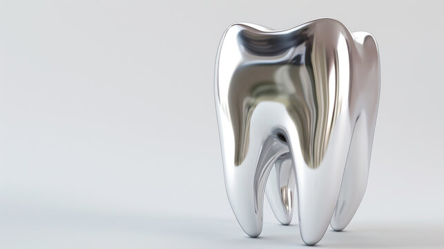 A shiny silver tooth isolated on a plain white backdrop. Concept silver Tooth