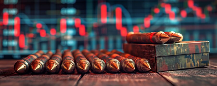 Close-up view of bullets neatly arranged on a wooden surface with a blurred background showing fluctuating stock market graphs, hinting at economic effects of warfare.