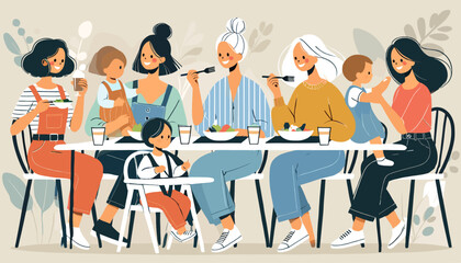 Concept of image of good friends moms and children.
Vector illustration.