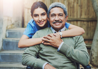 Portrait, hug and elderly man with nurse for healthcare, support and love in retirement home. Kindness, woman and smile for patient, career or service and together for trust and wellness in backyard