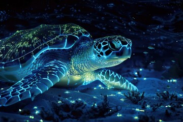 Fototapeta premium Mystical Encounter: Glowing Sea Turtle in Bioluminescent Plankton Dance Underwater