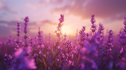 Fototapeta premium Close-Up Lavender Flowers In A Beautiful Field At Sunset Exuded Tranquility