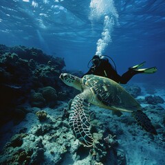Harmony of the Depths: Sea Turtle and Scuba Diver Connection in Underwater Exploration