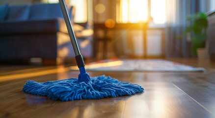 floor cleaning with mop on wooden parquet