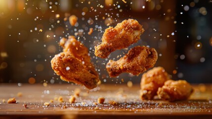 Crispy fried chicken wings floating amidst flavorful sparks