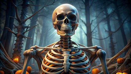 Glowing skeleton stands in a dark forest surrounded by pumpkins