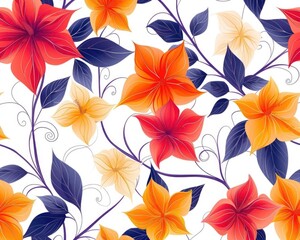 Obraz premium Tropical vine flowers in bold, contrasting hues, winding elegantly on a clean white background, seamless fabric pattern