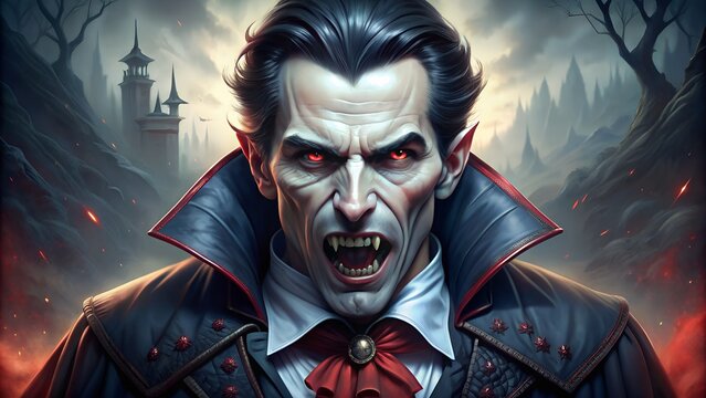 Portrait of a vampire with red eyes and sharp teeth wearing a black cape with red details