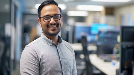 Fototapeta premium Enthusiastic male IT professional in a casual shirt, smiling confidently at the camera, surrounded by computers and servers in an office, highlighting technical expertise