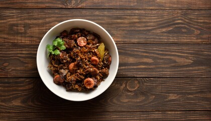 Stewed cabbage with sauerkraut, mushrooms, smoked meats and spices