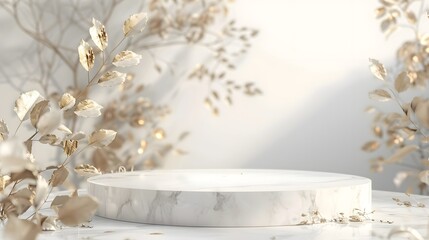 Minimal luxury white Marble podium and golden leaves in white background concept display scene stage platform showcase product sale banner presentation cosmetic 3D render