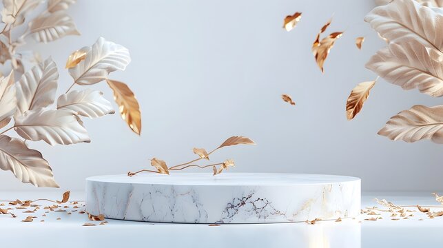 Minimal luxury white Marble podium and golden leaves in white background concept display scene stage platform showcase product sale banner presentation cosmetic 3D render