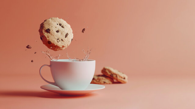 A creative combination of a white tea cup and flying tea cookies that are falling and breaking around it, on an orange, brown, pink gradient background with warm and gentle colors