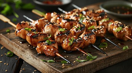 Japanese Style Chicken Skewers - Delicious grilled Japanese chicken skewers garnished with fresh green onions and sesame seeds, served on a wooden platter.