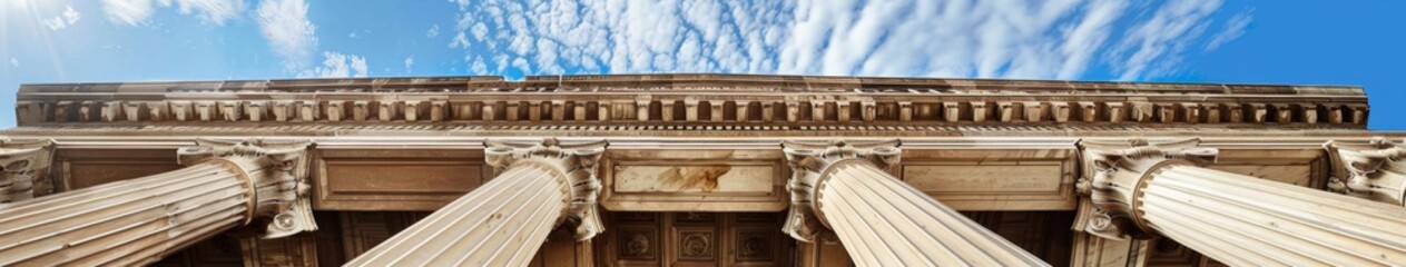 Fototapeta premium Elegant Classical Greek Architecture with Marble Columns and Graceful Colonnades, Symbolizing Strength and Tradition, Ideal for Interior Design and Travel Destinations