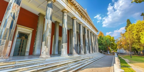 Fototapeta premium Elegant Classical Greek Architecture with Marble Columns and Graceful Colonnades, Symbolizing Strength and Tradition, Ideal for Interior Design and Travel Destinations