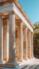 Naklejka premium Elegant Classical Greek Architecture with Marble Columns and Graceful Colonnades, Symbolizing Strength and Tradition, Ideal for Interior Design and Travel Destinations
