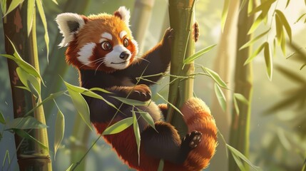 Fototapeta premium A cartoon red panda climbing a bamboo tree, representing China.
