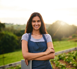 Outdoor, portrait and woman with tablet for crops, organic and growth of vegetable, field and eco friendly. Harvest, farmer and happiness for produce, sustainable and agriculture in environment