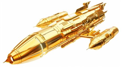 Naklejka premium Futuristic Gold Spaceship Clipart with Detailed Shiny Design Isolated on White Background for Sci-Fi Concepts