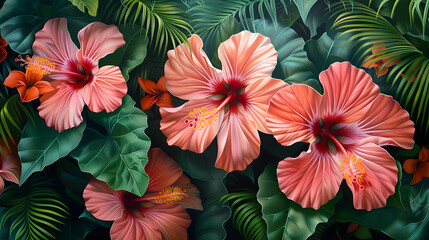 Realistic hibiscus flowers, vivid colors