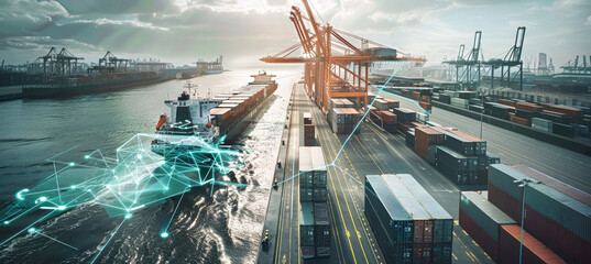 A cargo ship sails past a busy port, its hull illuminated by a network of glowing lines, representing the digital flow of information