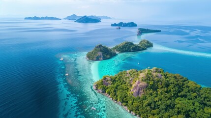 Fototapeta premium Aerial View Of The Islands In The Andaman Sea, Showcasing Natural Clear Blue Waters