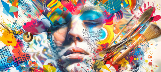 A colorful collage featuring a womans face partially obscured by vibrant, abstract shapes and paintbrushes, creating a visually stunning and artistic image