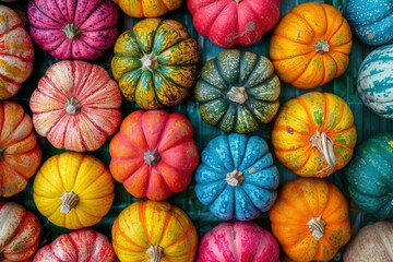 Close-up of various colored pumpkins