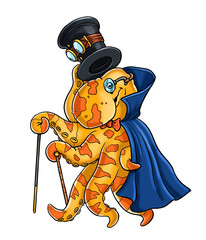 Funny octopus dressed as a gentleman walks with a walking stick and a top hat. Steampunk animals drawing. Friendly mollusc like a human.