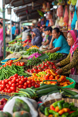 Obraz premium Woman choosing fresh organic vegetables at asian market