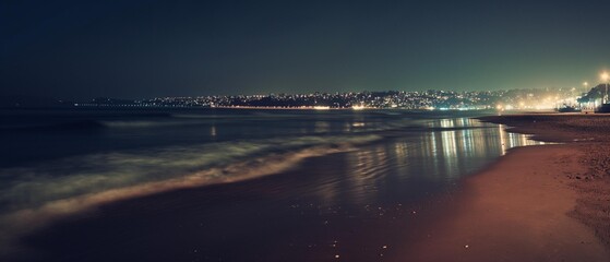 Fototapeta premium AI generator image of sandy beach at night Ocean waves rolling on the sandy beach under a starry sky at night, bird's eye view or mountaintop view. Overlooking the bay