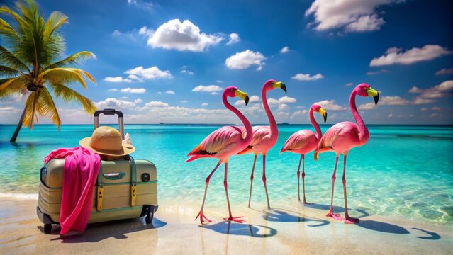 Vibrant pink flamingos stand amidst colorful summer vacation essentials and a suitcase on a picturesque tropical beach with crystal clear water.