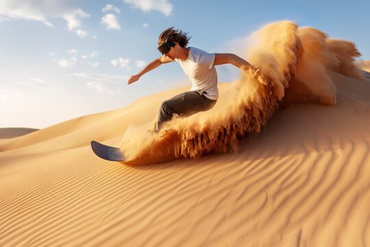 A dynamic image showing an individual sandboarding down a wide, natural sand dune in the desert under a clear blue sky, capturing the essence of adventure and excitement.