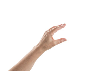 Empty mid aged woman hand to hold or show isolated on white