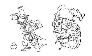 Fototapeta premium Funny ferret and hedgehog dressed as pirates. Coloring page with funny steampunk animal characters.