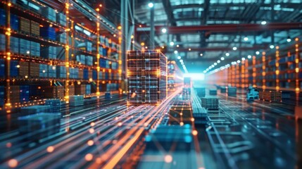 A digital illustration of a truck equipped with blockchain technology, highlighting logistics and supply chain management in a futuristic setting.