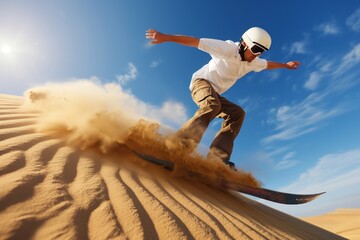 A person is captured making a sharp turn while sandboarding on a high dune against a clear blue sky, illustrating the dynamism and excitement of the extreme sport.